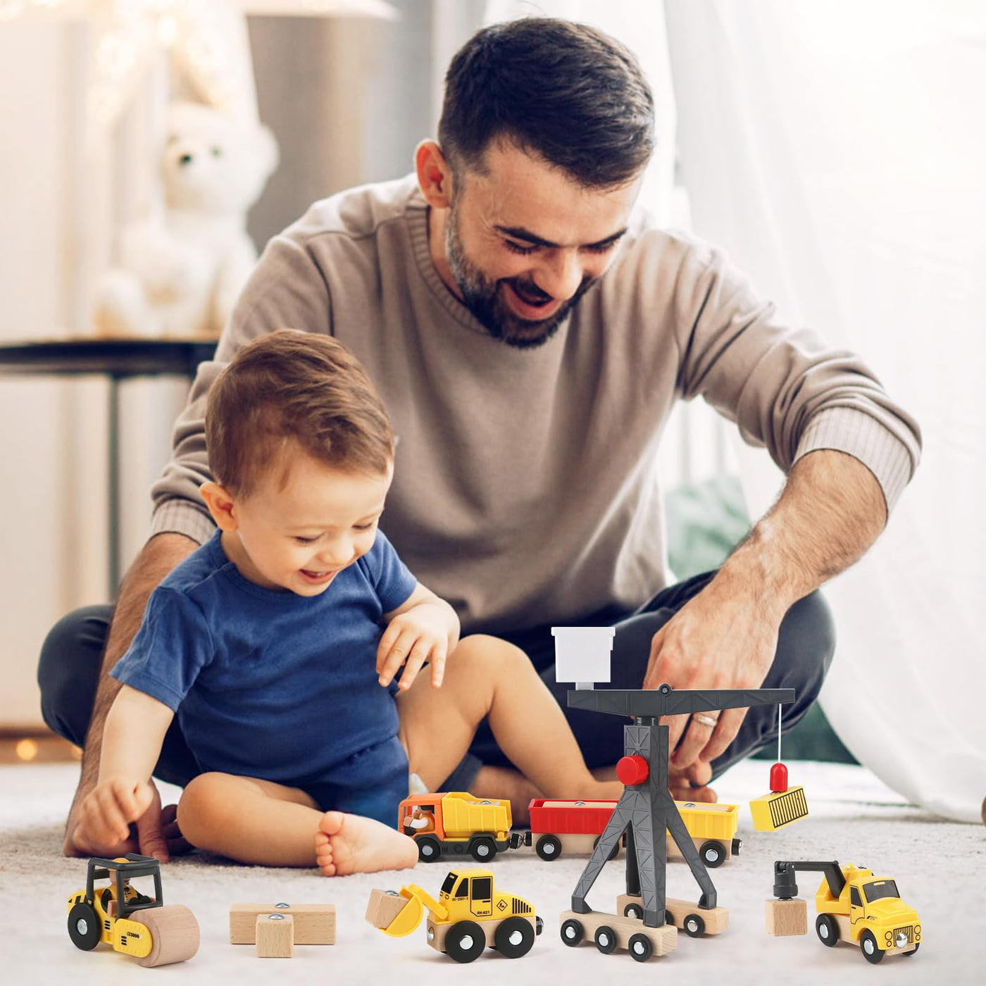 Vanplay Baustellenfahrzeuge Kinder Kran Spielzeug Holzspielzeug Baustelle Spielzeug ab 3 Jahre Junge mit Turmkran Bagger Kranwagen Muldenkipper Straßenwalze Geschenk 3 4 5 Jahre Junge