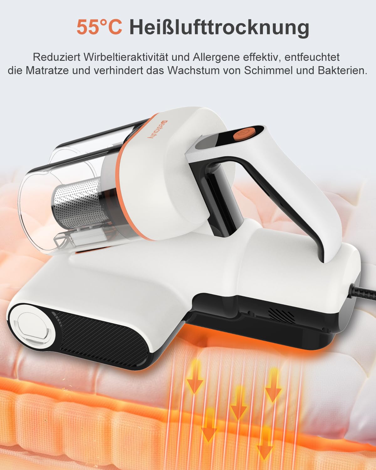 Bestauty Milbensauger für Matratzen, 2 Stufen starken Saugens 7-16 kPa Milbenstaubsauger 500W mit UV-Licht, 55°C Heißlufttrocknung, entfernt 99,9% Bakterien, Allergene, Staub-Milben für Betten,Sofas