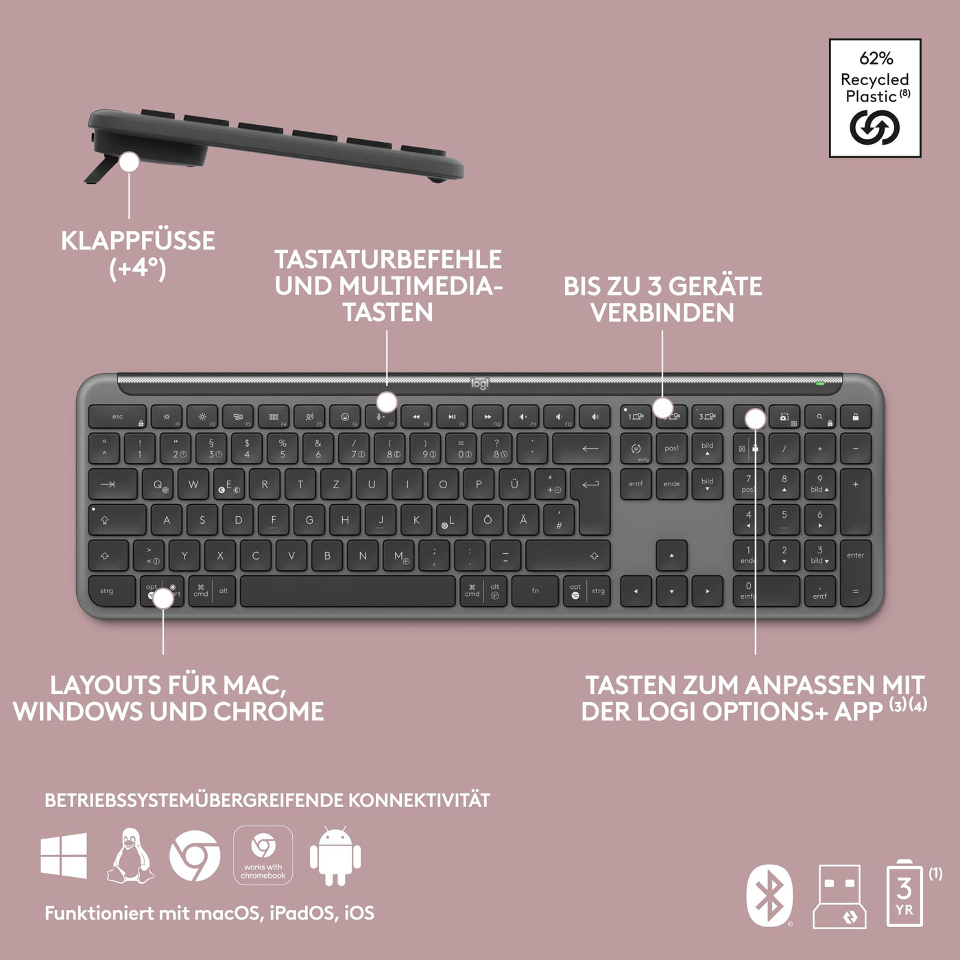 Logitech MK950 Signature Slim kabelloses Tastatur-Maus-Set, schlankes Design, leise tippen, Wechsel zwischen DREI Geräten, Bluetooth, mehrere Betriebssysteme, Windows, Mac, DEU QWERTZ-Layout, Graphit