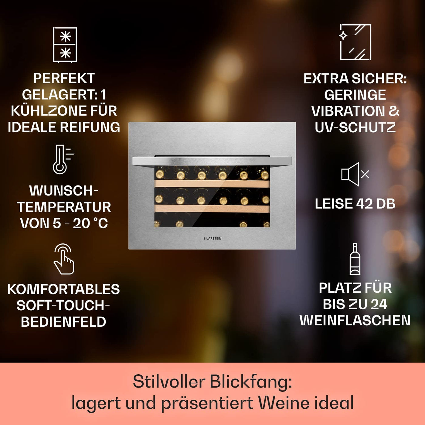 Klarstein Einbau-Weinkühlschrank, 1 Zonen Getränkekühlschrank Klein, Kleiner Weinschrank, 51L Wein-Kühlschrank Klein mit Glastür & Top-Down Tür, Flaschenkühlschrank Wine Fridge für 24 Flaschen