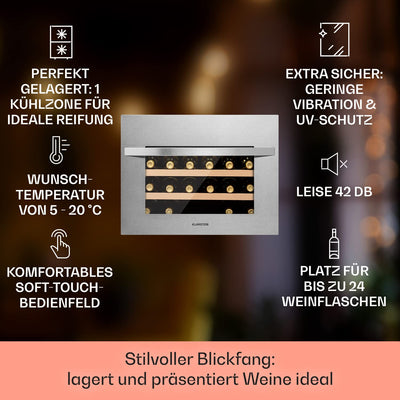 Klarstein Einbau-Weinkühlschrank, 1 Zonen Getränkekühlschrank Klein, Kleiner Weinschrank, 51L Wein-Kühlschrank Klein mit Glastür & Top-Down Tür, Flaschenkühlschrank Wine Fridge für 24 Flaschen