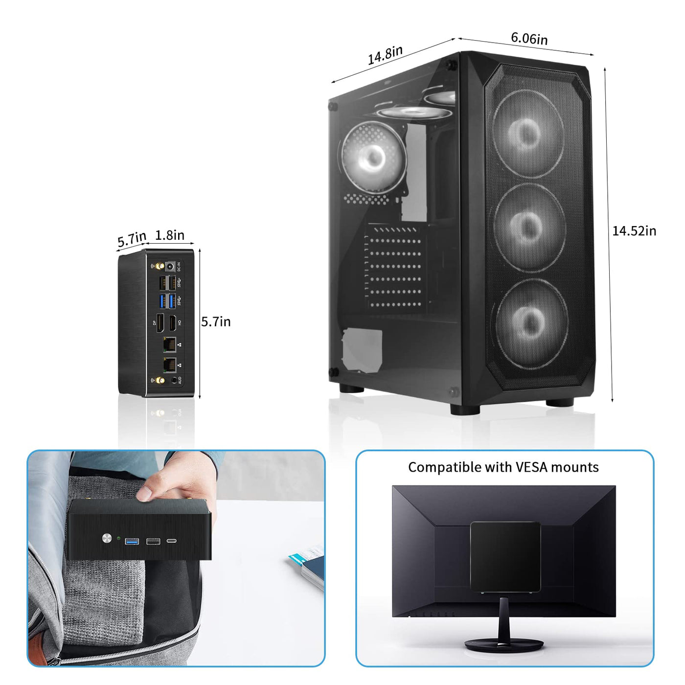 Kinupute Mini PC i9, Desktop Computer mit Core i9-12900H, 14 Kerne bis zu 5.0GHz, Windows 11 Pro, 64G DDR4, 2T M.2 PCIE4.0 SSD, DP/HDMI/USB-C Triple Display, 8K/4K@60Hz, Dual LAN, WiFi6E/BT5.3