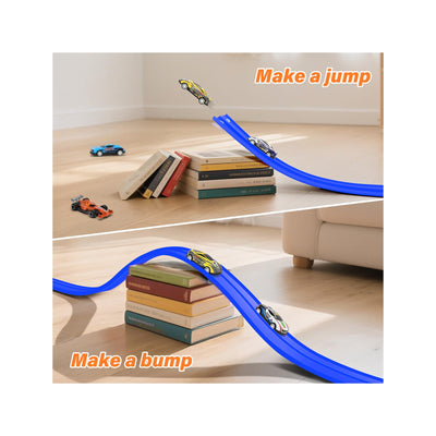 Autorennbahn 5M Inklusive 4 Autos: KETIEE Flexible Rennstrecke Auto Rennbahn Spielzeug Autobahn Kinder Rollt Auf Tragbare Dual Rennstrecke Rampen für 1/64th Autos für Alter 3+, Blau