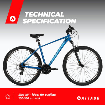 ATTABO Herren Fahrrad Alpe 1.0 mit Aluminiumrahmen 19" Ergonomischer Lenker V-Brake Blau Mountainbike mit 29" Rädern mit Zubehör Verstellbarer Sattel 21-Gang Schaltung