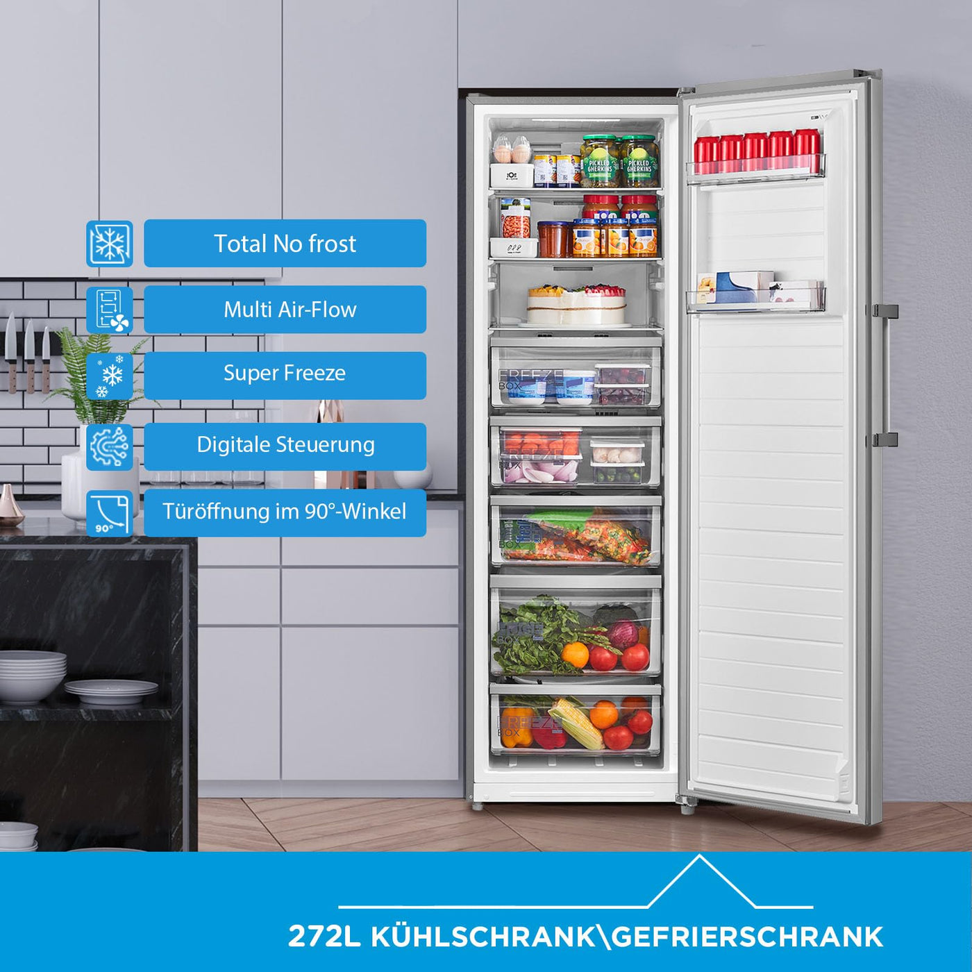Midea MDRU385MTC02 Gefrierschrank/Kühlschrank/272L/185 cm hoch/NoFrost/Flexible Kühl- und Gefrierfunktion/Superkühl/Große Fächer/Zero Clearance/Easy Open Handgriff/Wechselbarer Türanschlag/Inox