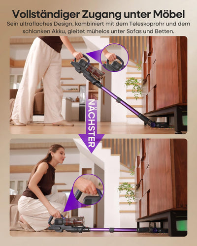 AlloyMove Akku Staubsauger Kabellos 45000Pa/450W/60Min, Leichter Staubsauger mit V-Anti-Tangle-Bürste mit LED-Licht, 65dB Ultra Leise, Selbststehend für Tierhaare Teppiche Hartböden A03