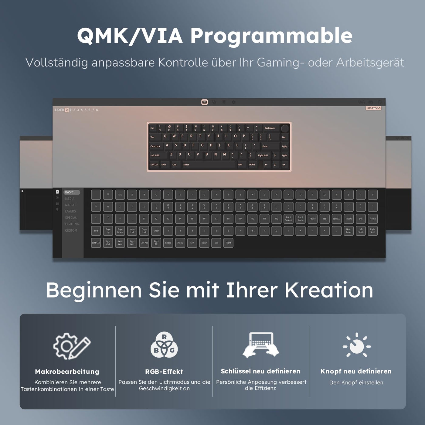RK ROYAL KLUDGE R65 Mechanische Tastatur 60 Prozent mit Knopf, Gasket Gaming Tastatur Kabellos Bluetooth/2.4G/USB-C RGB PBT Tastenkappen QWERTZ QMK/VIA, Hot Swap Linearer Creamy Switches