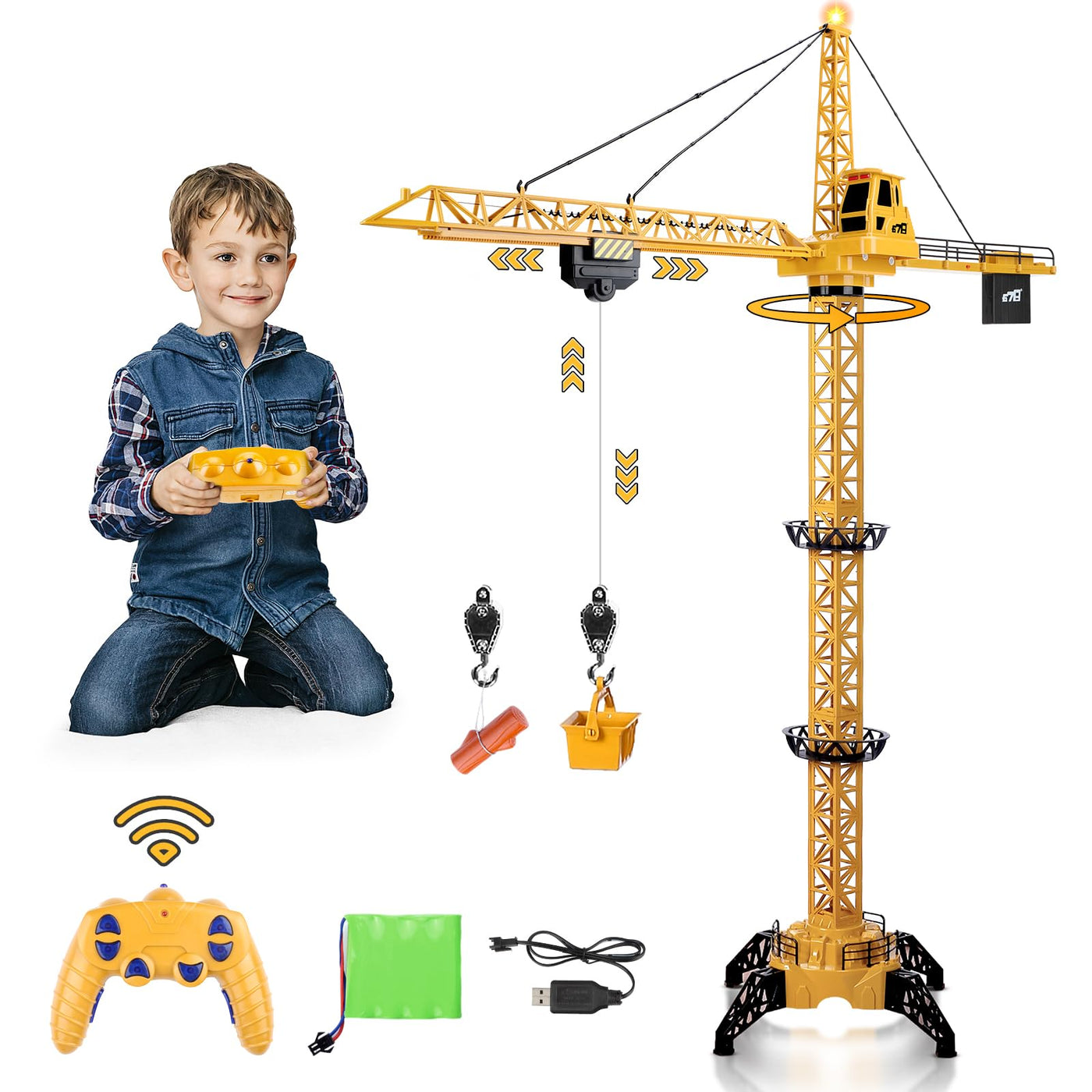 deAO RC Bauturmkran für Kinder, Ferngesteuerte Kran 128 cm Höhe, 6 Kanäle, 680 ° Rotation, Ferngesteuert Turmkran Spielzeug mit Lichter und Geräusche, Modell Die Cast, Geschenke für Jungen Mädchen