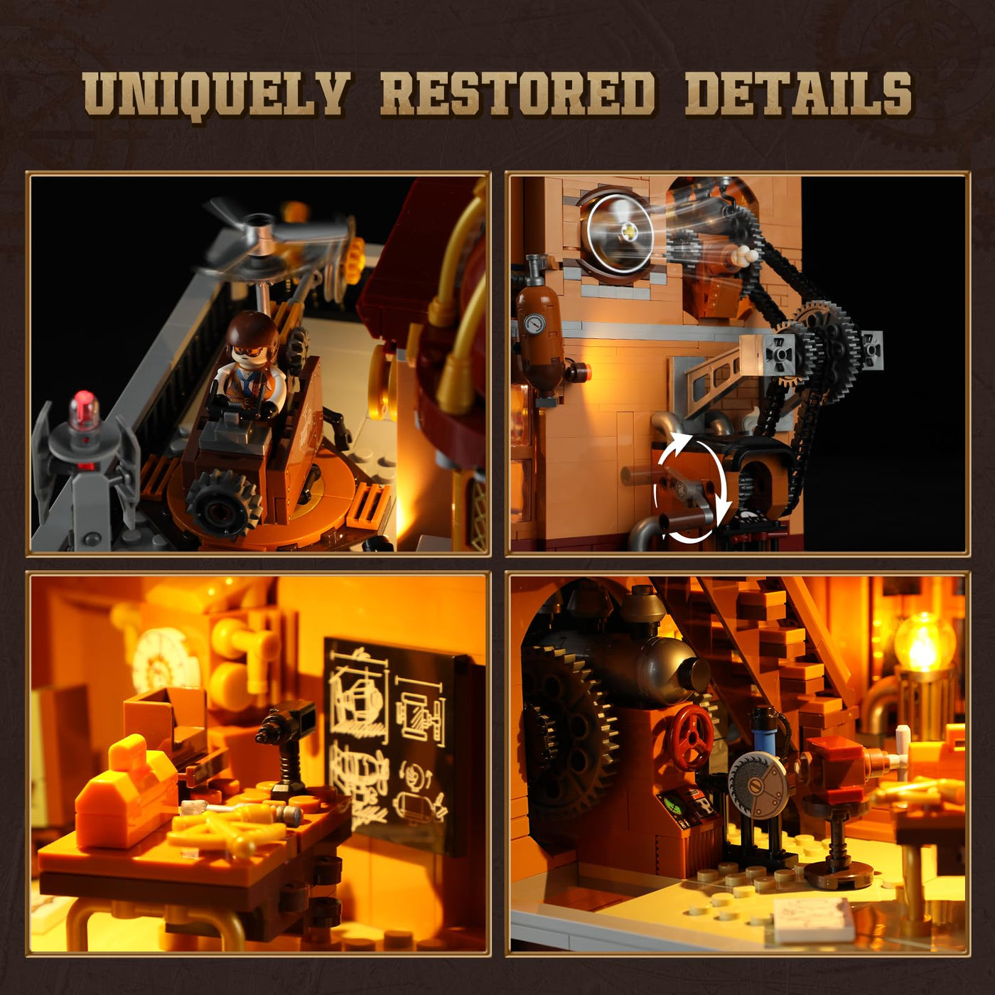 FUNWHOLE Steampunk Flugclub Beleuchtetes Baustein-Set - 1858 Teile Modularer Baukasten Sammler-Set für Erwachsene und Jugendliche