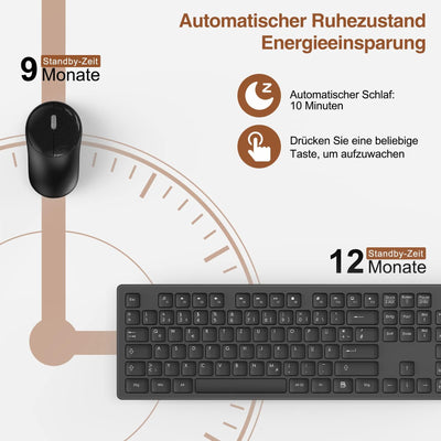 Tastatur Maus Set Kabellos, 2,4GHz Kabellose Tastatur und Maus, Funktastatur in Standardgröße mit Ziffernblock, 1600DIP Ergonomische Maus, für Windows/PC/Laptop/Computer - QWERTZ, Schwarz