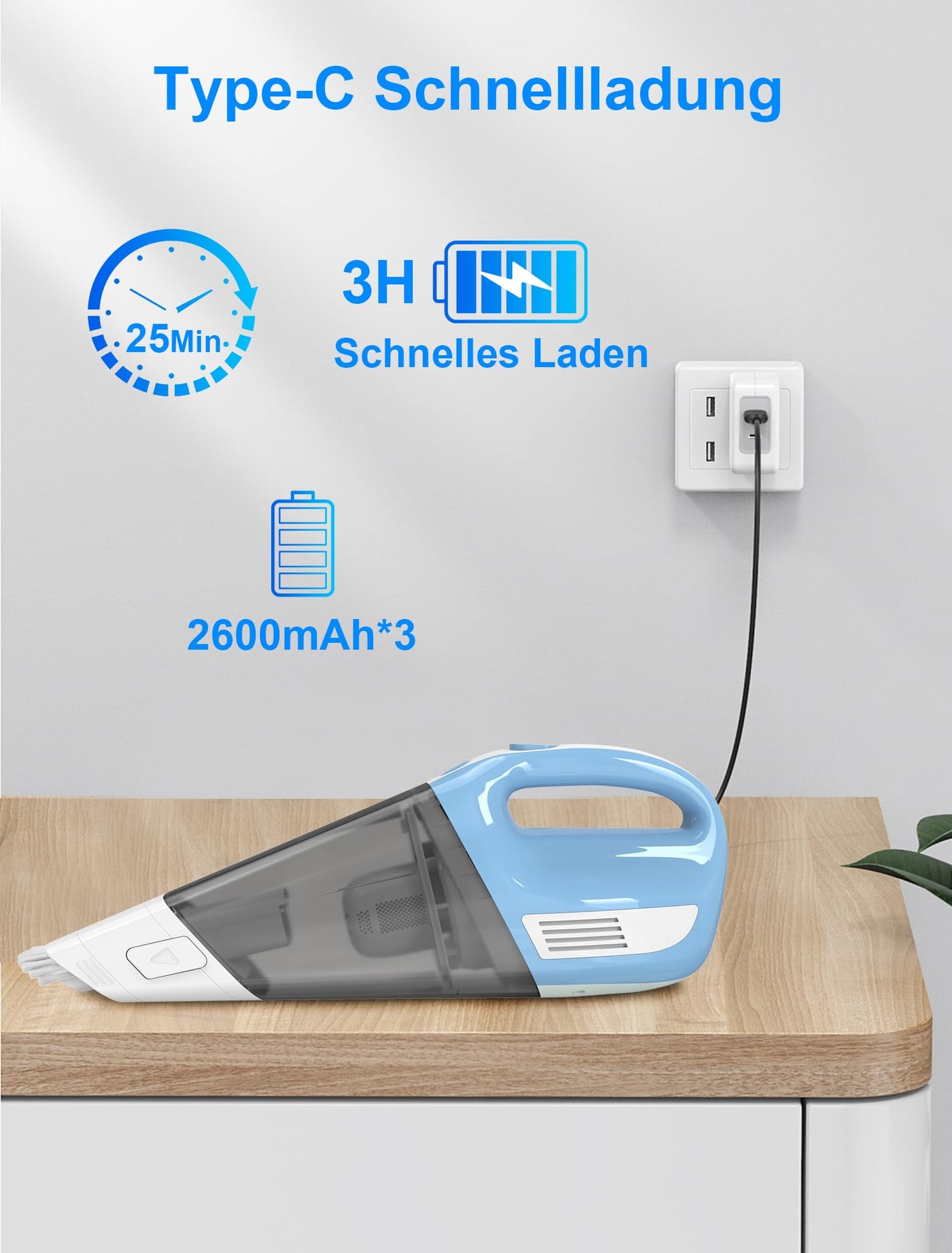 Fourward Handstaubsauger, Kabellos Staubsauger Autostaubsauger, 12000Pa Saugleistung, 11.1V Li-Ionen 7800mAh Akku, Schnelle Reinigung, Nass und Trocken Gebrauch
