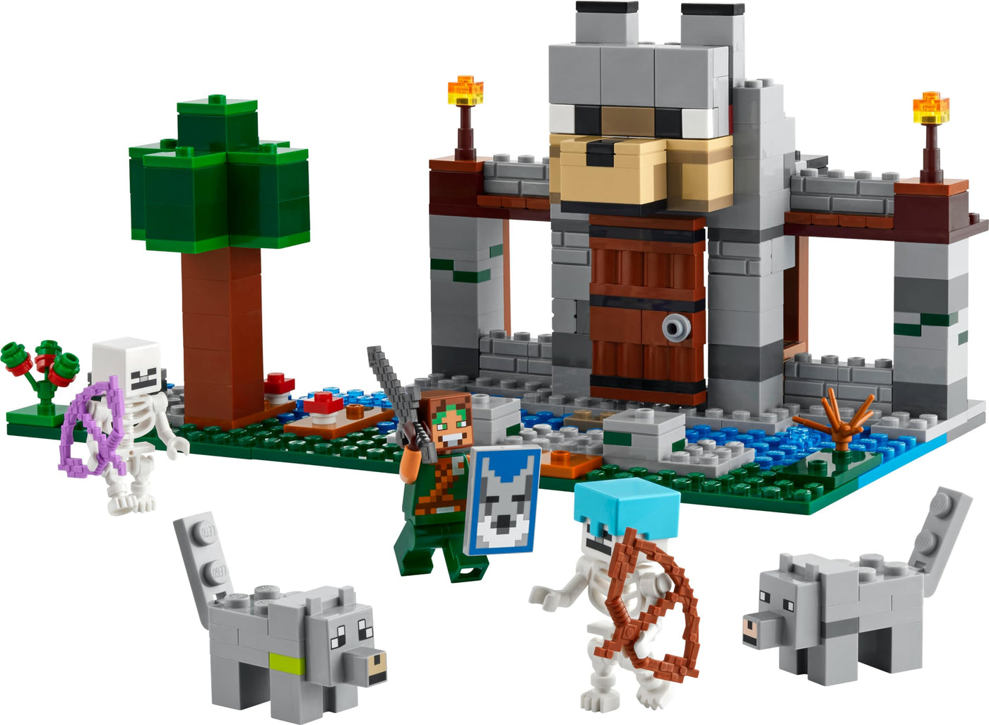 LEGO Minecraft Die Wolfsfestung - Kinder Spielzeug mit Einer Spielfigur, 2 Skelett Figuren & 2 Wölfen - Zubehör wie eine Werkbank und Schwert - Gamer Geschenk für Jungen & Mädchen ab 8 Jahren - 21261