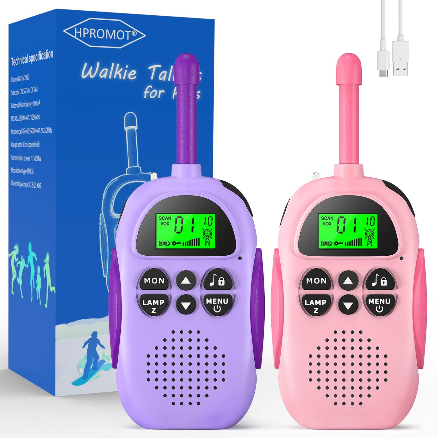 Walkie Talkie Kinder,HPROMOT 2 Pack Aufladbar Walkie Talkies, 16-Kanal Kinder Spielzeug für Jungen Mädchen, Abenteuer im Freien Outdoor Camping Wandern