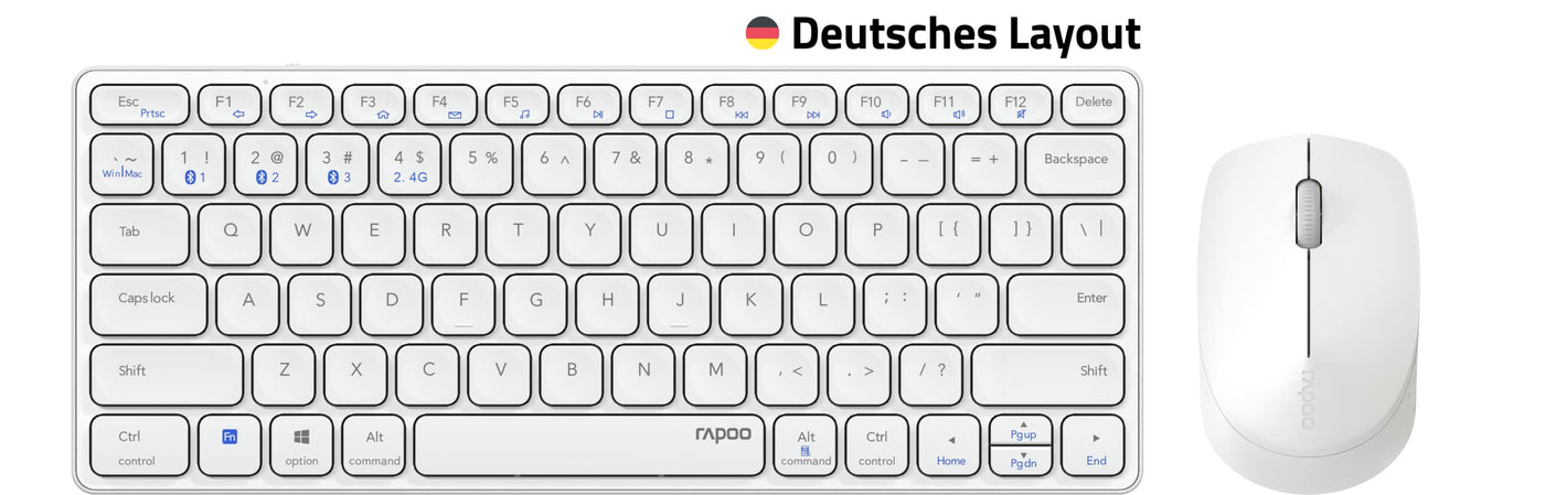 Rapoo 9600M kabelloses Tastatur-Maus Set Wireless Deskset 1300 DPI Sensor wiederaufladbarer Akku flaches Aluminium Design DE-Layout QWERTZ PC & Mac - weiß