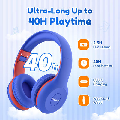 EarFun Bluetooth Kopfhörer Kinder, 85/94dB Lautstärkeregelung, HiFi Sound, HD-Mikrofon, 40 Std Akku, Faltbare, Einstellbar, Kopfhörer Kabellos Bluetooth Kinder für Schule/Reise/PC, Marineblau