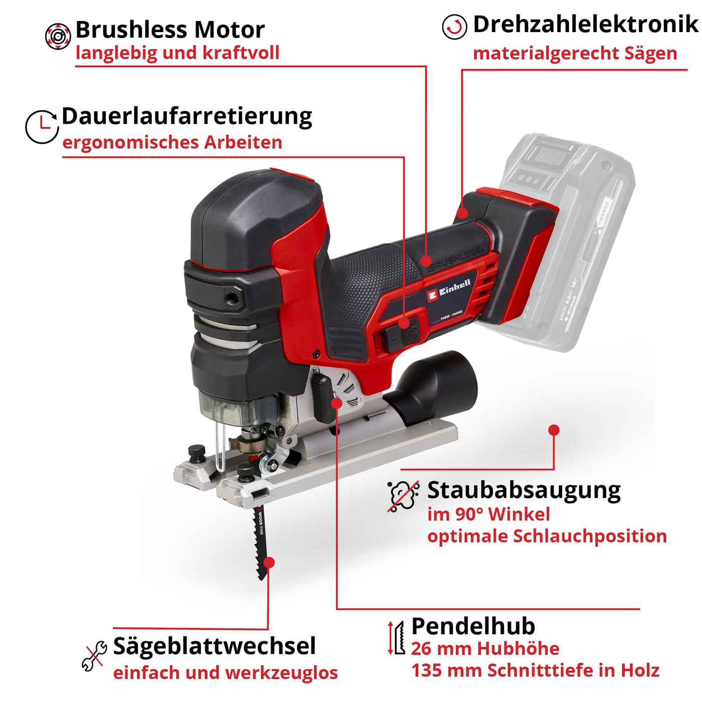 Einhell Professional Akku-Stichsäge TP-JST 18/135 Li BL Power X-Change (18 V, 135 mm Schnitttiefe in Holz, 26 mm Hubhöhe, Brushless, T-Style-Griff, 3x Sägeblatt, ohne Akku)