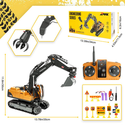 Charmofun 3-in-1 Ferngesteuerter Bagger, 2,4GHz RC Bagger Spielzeug mit DREI Metallköpfen, 680° Drehbarer Radlader mit Lichtern & Musik, Geschenk Ab 3-12 Jahre