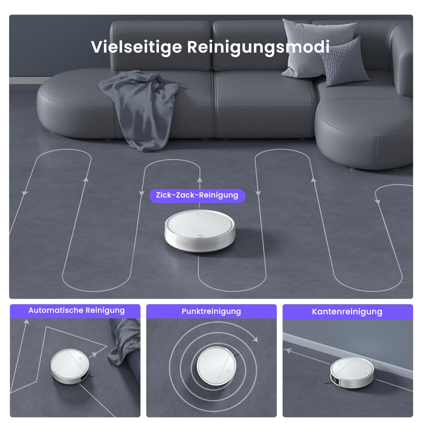OKP Saugroboter, 5000Pa Staubsauger Roboter mit Präzise Entfernungsnavigation, 180Mins, HEPA-Filter, WLAN Roboterstaubsauger, Ideal für Tierhaare, Teppiche, Hartböden K5P