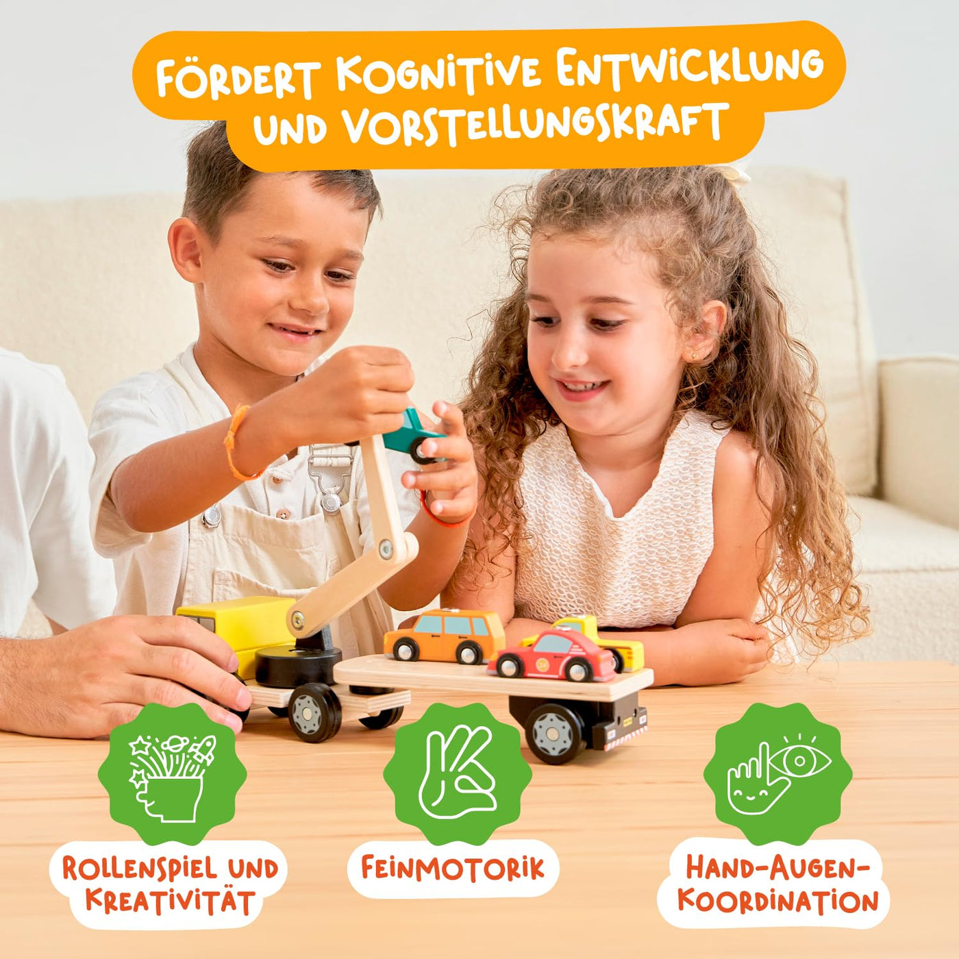 Nene Toys Autotransporter aus Holz mit Kran & 4 Magnet-Autos – Magnetspielzeug für Kinder ab 2 Jahren – Montessori Holzspielzeug & Lernspiel mit Fahrzeugen – Geschenk Jungen Mädchen 2 3 Jahren