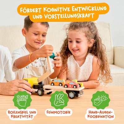 Nene Toys Autotransporter aus Holz mit Kran & 4 Magnet-Autos – Magnetspielzeug für Kinder ab 2 Jahren – Montessori Holzspielzeug & Lernspiel mit Fahrzeugen – Geschenk Jungen Mädchen 2 3 Jahren