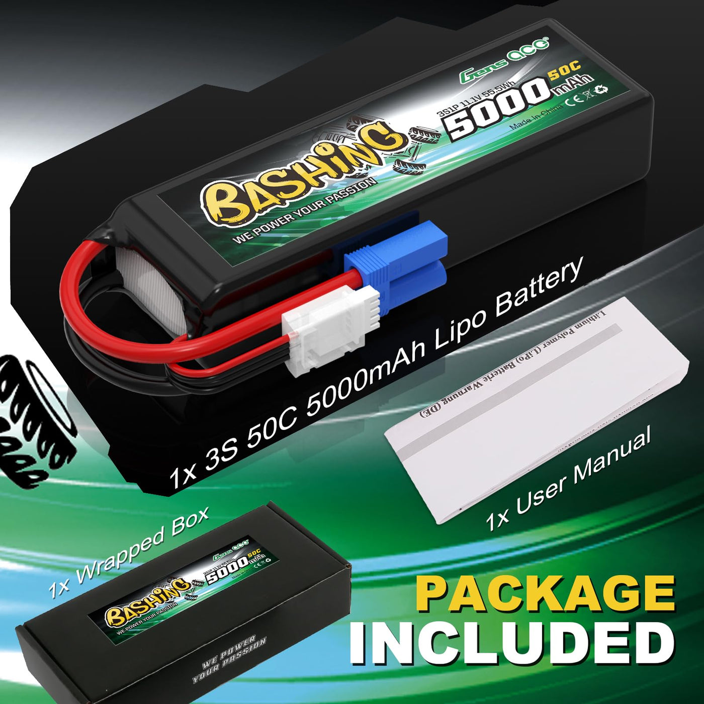 Gens ace 3S Lipo 5000mAh 11.1V 3S1P 50C Bashing Lipo Akku mit EC5 Stecker für die meisten RC-Autos im Maßstab 1/8, 1/10