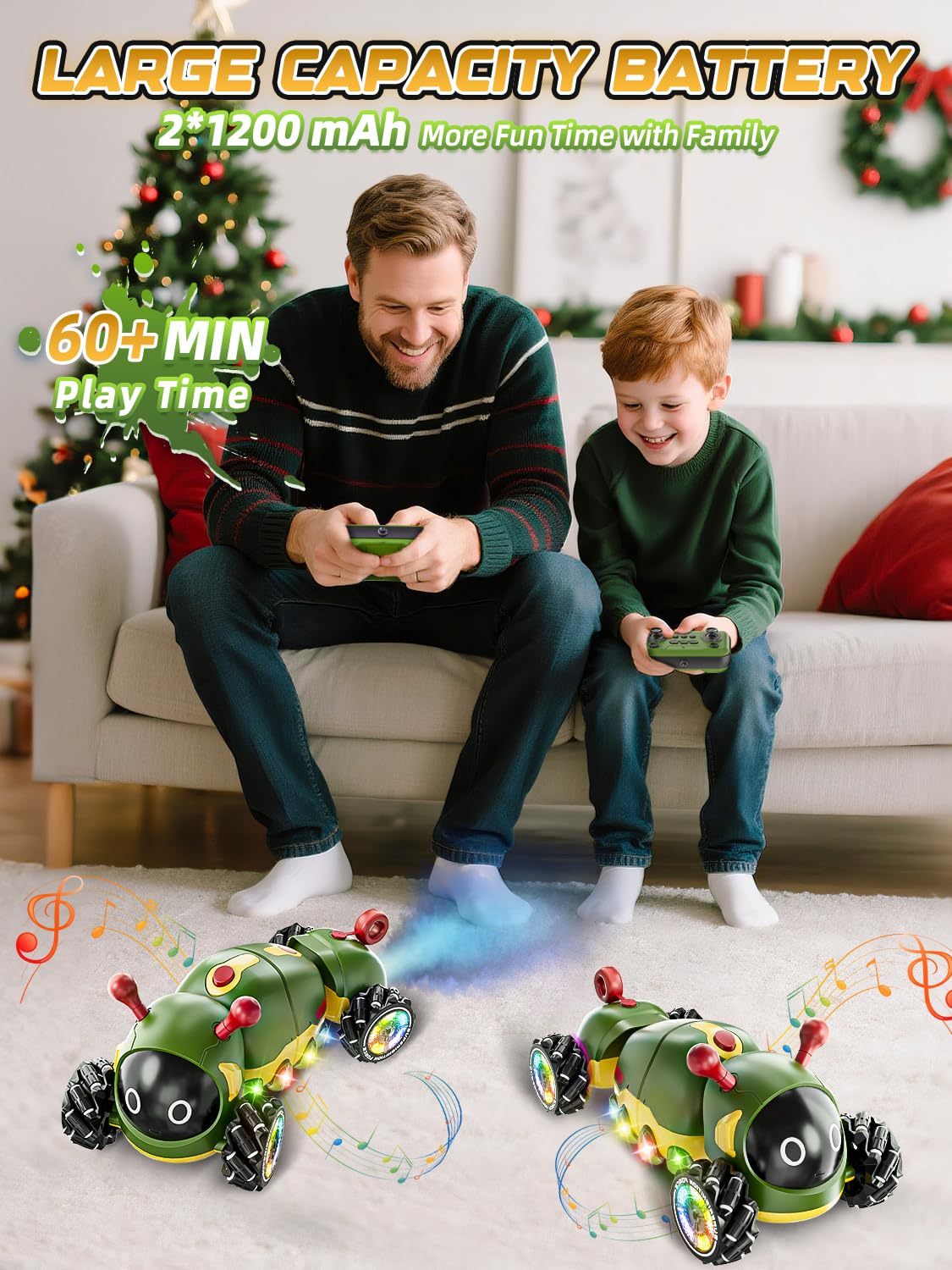 Kssvzz Ferngesteuertes Auto Raupe mit Musik, 2,4 GHz RC Stunt Car mit Spray & Cool Beleuchtung, 4WD 360°Rotation Krabbelndes Insekt Monster Truck, Spielzeug Geschenk für 3 4 5 6 7 8 9+Junge Mädchen