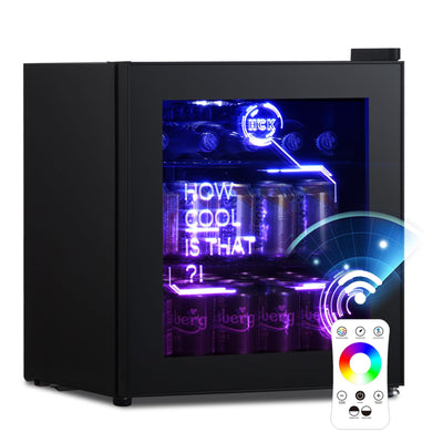 HCK 48L Mini Kühlschrank mit Glastür Leise 39dB, Cyberpunk Getränkekühlschrank mit Fernsteuerbaren RGB LED Lichtern, Flaschenkühlschrank, Mini Fridge 0-15°C für Gaming Deko, Minibar, Schwarz
