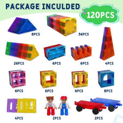 120pcs Magnetische Bausteine Spielzeug mit 2 Magnetfiguren und 2 Autos, Magnetbausteine für 3 4 5 6 7 Jahre kinder, Montessori Magneten Set Spielzeug Geschenk für Kinder ab 4-8 Jahre Junge Mädchen