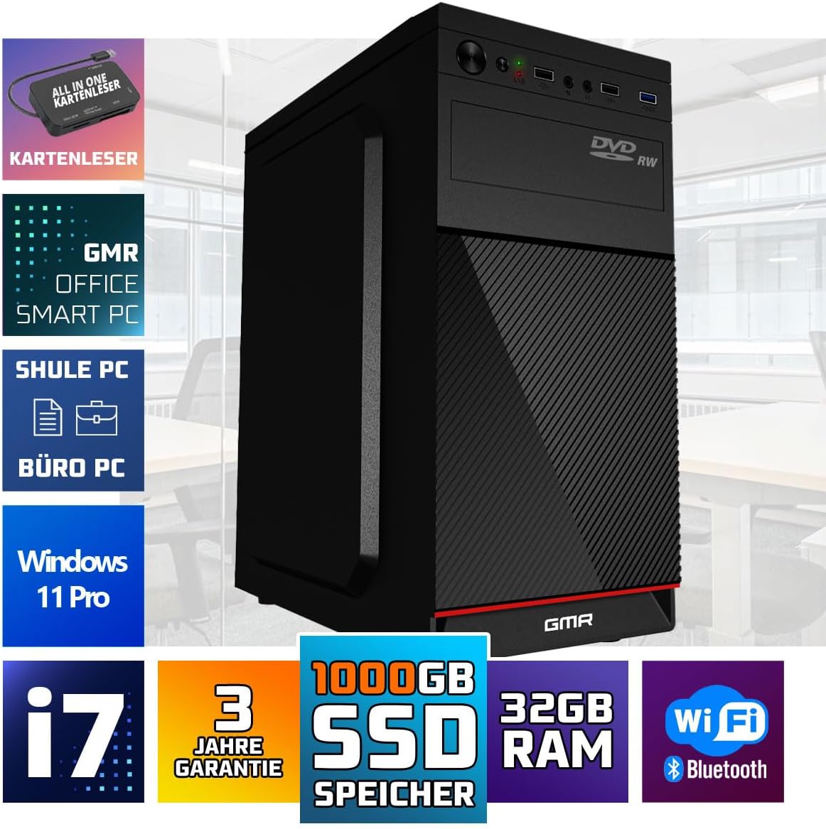 Intel Core i7 Multimedia PC Komplett - Schneller Computer für Büro & Home Office | 32GB RAM | 1000GB SSD | DVD+RW | USB3.0 | WLAN | Windows 11 Pro | WiFi 600 und Bluetooth 5