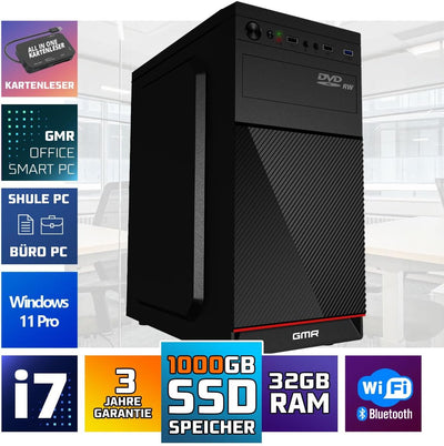 Intel Core i7 Multimedia PC Komplett - Schneller Computer für Büro & Home Office | 32GB RAM | 1000GB SSD | DVD+RW | USB3.0 | WLAN | Windows 11 Pro | WiFi 600 und Bluetooth 5