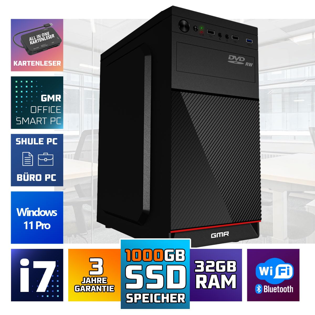 Intel Core i7 Multimedia PC Komplett - Schneller Computer für Büro & Home Office | 32GB RAM | 1000GB SSD | DVD+RW | USB3.0 | WLAN | Windows 11 Pro | WiFi 600 und Bluetooth 5
