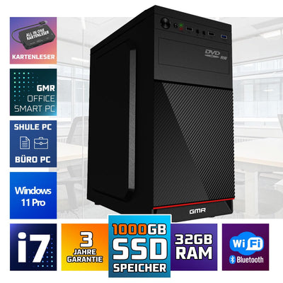 Intel Core i7 Multimedia PC Komplett - Schneller Computer für Büro & Home Office | 32GB RAM | 1000GB SSD | DVD+RW | USB3.0 | WLAN | Windows 11 Pro | WiFi 600 und Bluetooth 5
