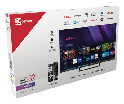 TELE System Smart TV 32 Zoll Vidaa, DVB-T2/S2 HEVC, tivùsat HD-zertifiziert, rahmenlos, HbbTV,TV Pause,2 Fernbedienungen (Easy inklusive), CAM CI+ kompatibel,Hotelmodus ideal für Hotels und Residenzen