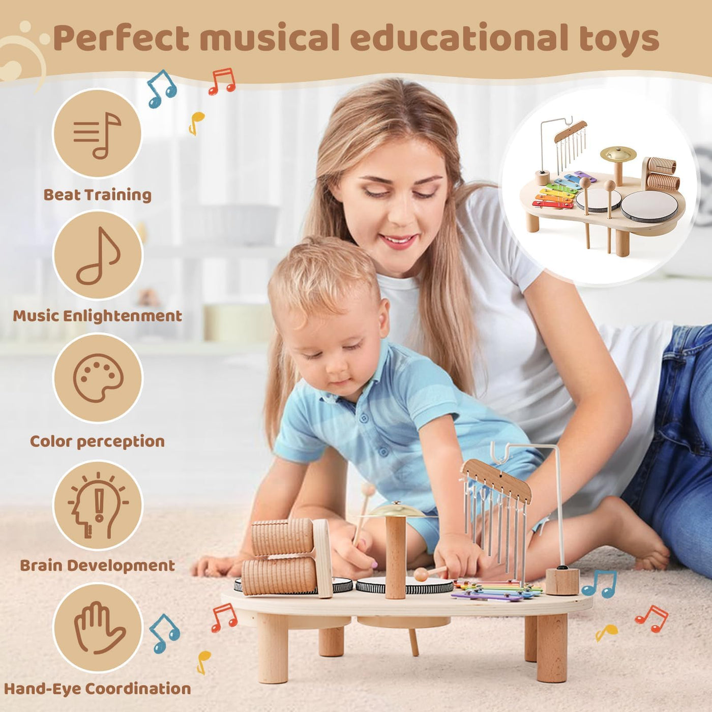 Mamimami Home Musikinstrumente für Kinder ab 1 Jahr ,Trommel Set ,Montessori Lernspielzeug Schlagzeug Mit Xylophon Baby Holz,7 In 1,Musical Spielzeug