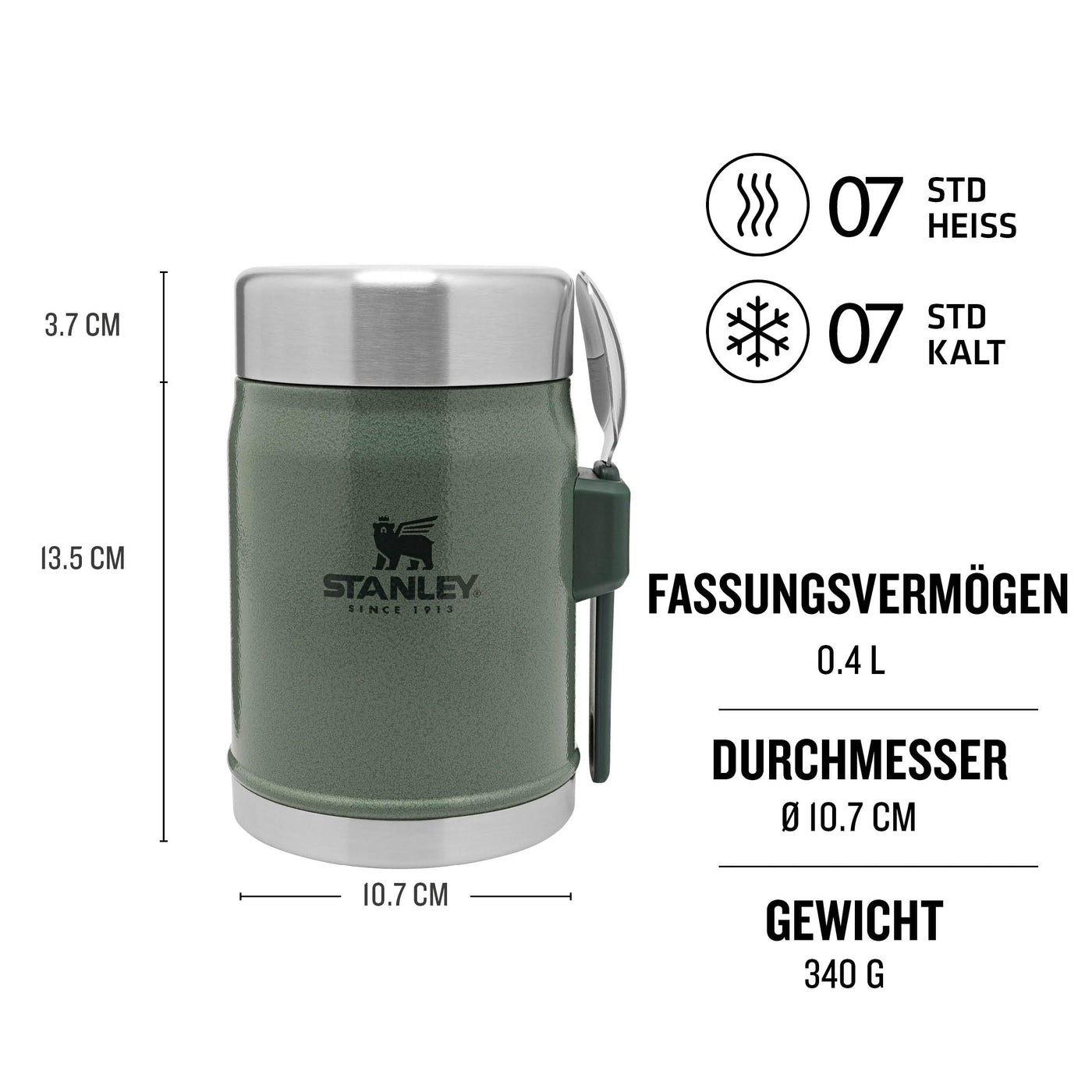 Stanley Classic Legendary Thermobehälter für Essen mit Göffel 400 ml - Hält 7 Stunden Heiß oder Kalt - Edelstahl Warmhaltebehälter Essen - BPA-Frei - Spülmaschinenfest - Hammertone Green