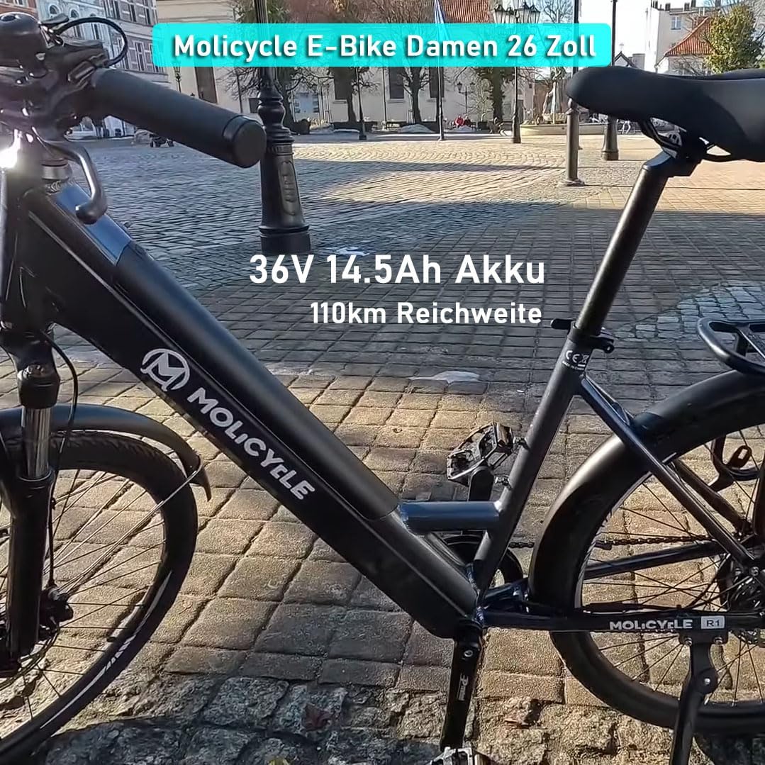 Molicycle R1 E Bike Damen 26 Zoll Elektrofahrräder Trekking/City Fahrrad mit 36V 14.5Ah Wechselakku, Reichweite bis zu 110Km, 250W Motor, EU-konformes Ebike mit App