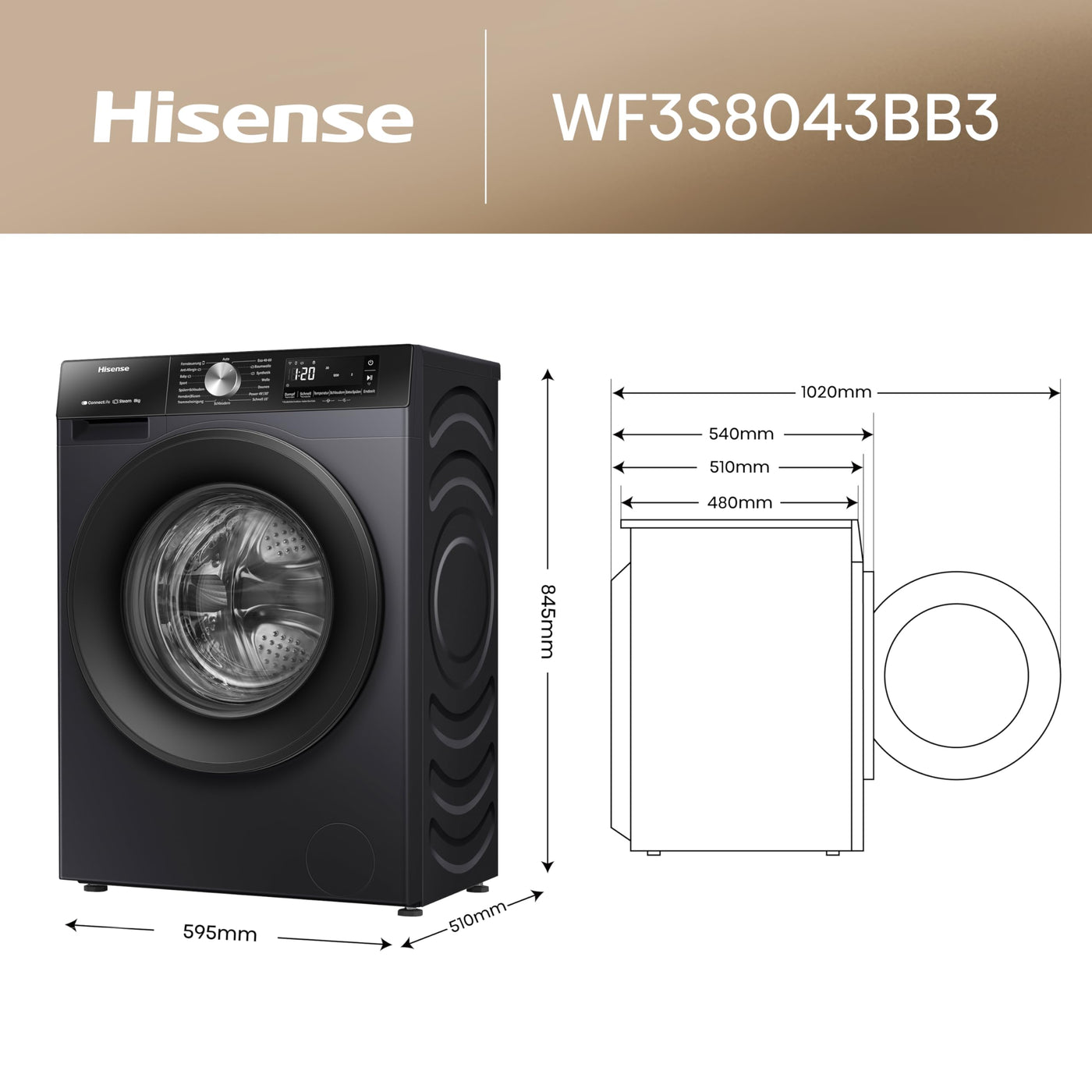 Hisense WF3S8043BB3 Waschmachine mit Dampffunkunktion, 8 kg, 1400 U,min, WIFI, ConnectLife, Power JetWash, Anti-Allergie Programm, Aqua Stop, Auto Wash, Quick Wash, EEK A-30 Prozent