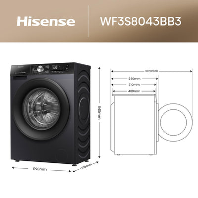 Hisense WF3S8043BB3 Waschmachine mit Dampffunkunktion, 8 kg, 1400 U,min, WIFI, ConnectLife, Power JetWash, Anti-Allergie Programm, Aqua Stop, Auto Wash, Quick Wash, EEK A-30 Prozent