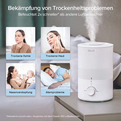 LEVOIT Top-Fill Luftbefeuchter 3L mit Nachtlicht, 360°Drehbare Düse, Spülmaschinenfest Humidifier, Leiser Raumluftbefeuchter, 25H Aroma Diffuser für Schlafzimmer Kinderzimmer Pflanzen Baby