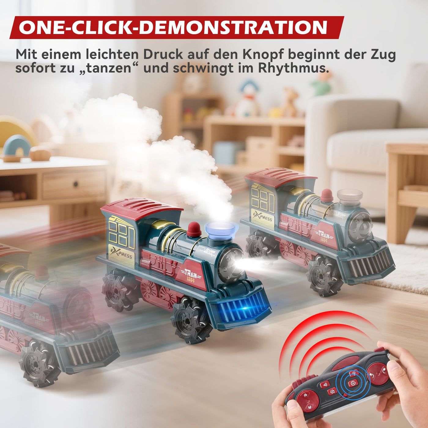 LTFIOON Ferngesteuertes Zug Spielzeug, 2.4GHz RC Dampflok mit Dampf, Licht & Sound, 4WD Eisenbahn mit Fernbedienung, 360° Drehung,Ferngesteuertes Auto Kinder ab 6 Jahren