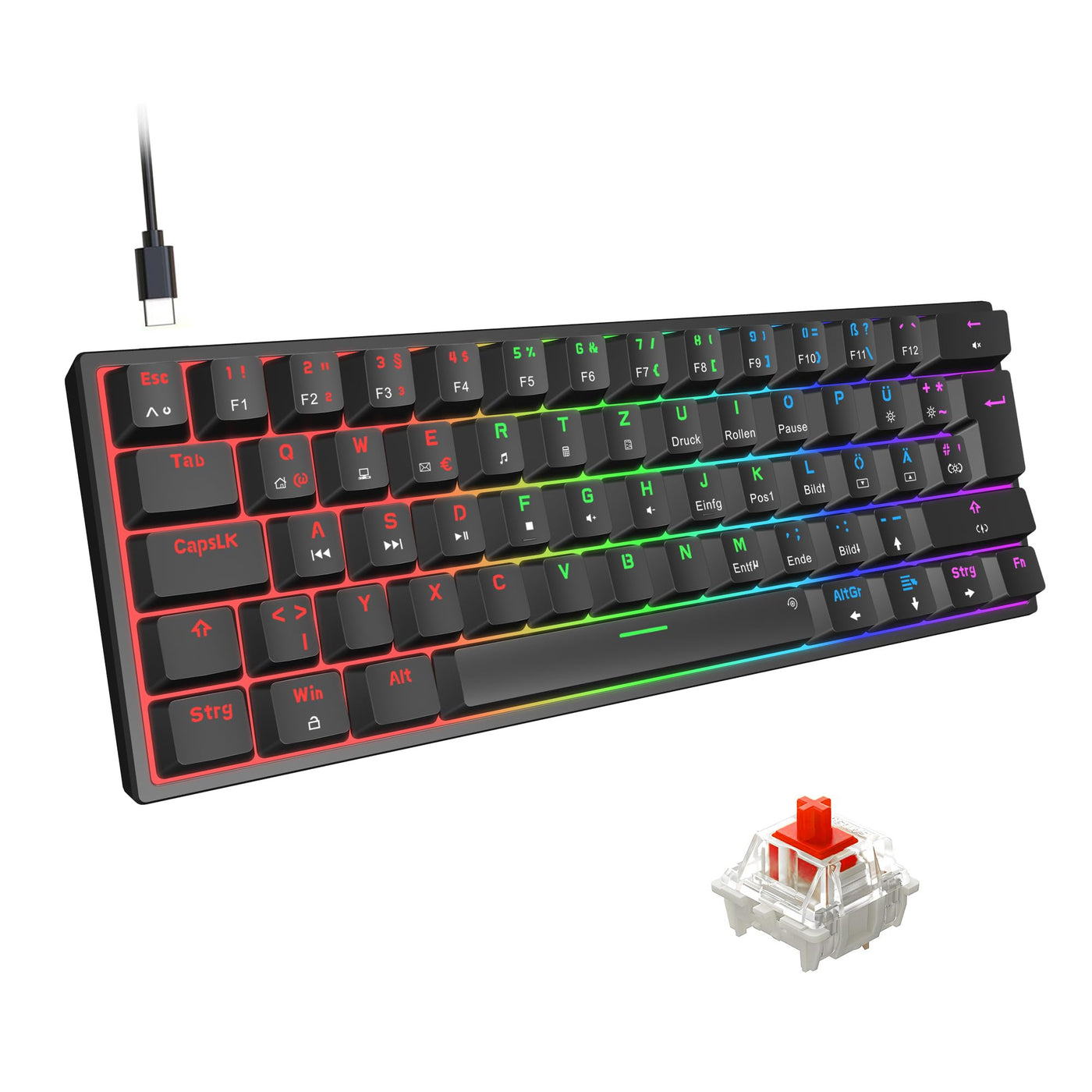 Snpurdiri 60% kabelgebundene mechanische Gaming-Tastatur, 62 Anti-Ghosting-Tasten, Blaue LED-Hintergrundbeleuchtung, ultrakompakte Zwei Stände (Rot Schalter/62 schwarz)