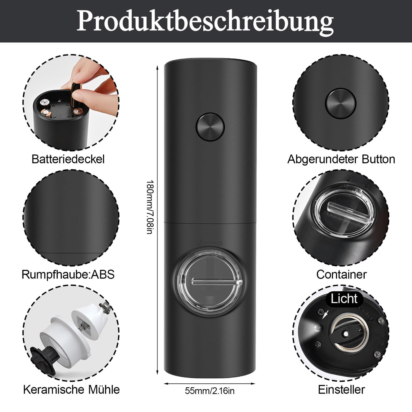 Herboom 2Stück Elektrische Salz und Pfeffermühle Set mit Reinigungsbürste, Mahlen Einstellbare Grobheit mit LED-Licht für BBQ Restaurant Küche, Batteriebetrieben (Batterien nicht enthalten)
