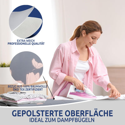 STAHLMANN ® großes Bügelbrett [120x42 Bügelfläche] mit Kleidungsplatte – robuster Bügeltisch – extra stabiles Bügelbrett [Made IN EU] – Tischbügelbrett