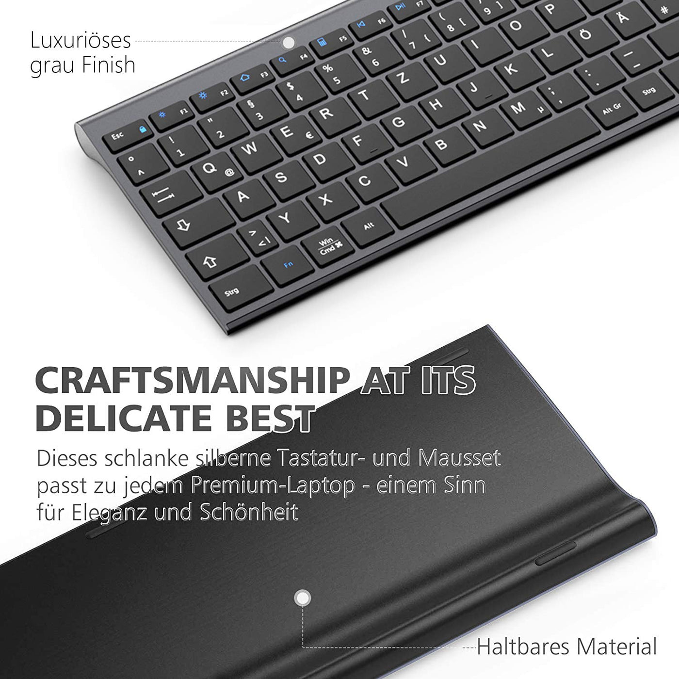 iClever GK03 2.4G Tastatur Maus Set Kabellos, Aluminium Wireless Slim Tastatur QWERTZ Layout (Deutsch), für Computer/Desktop/PC/Laptop/Oberfläsche/Windows 10/8/7/Vista/XP (2.4GHz, USB)