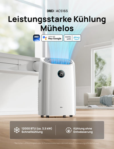 Dreo Tragbare Klimaanlagen, 12.000 BTU Klimaanlage für Schlafzimmer mit abflussfreier Kühlung, APP/Stimme/Fernbedienung, 24h Timer mit Ventilator & Luftentfeuchter, AC516S