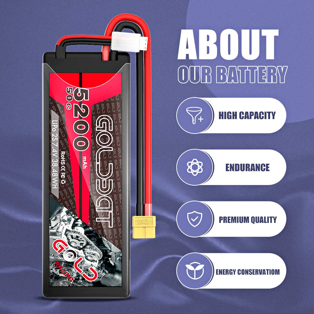 GOLDBAT 2S Lipo RC Akku 7,4V 50C 5200mAh LiPo Akku Hardcase Pack mit XT60 Stecker für RC Auto Evader RC Hubschrauber RC Truggy Buggy Evader BX Auto LKW Truck RC Hobby (2Packs)