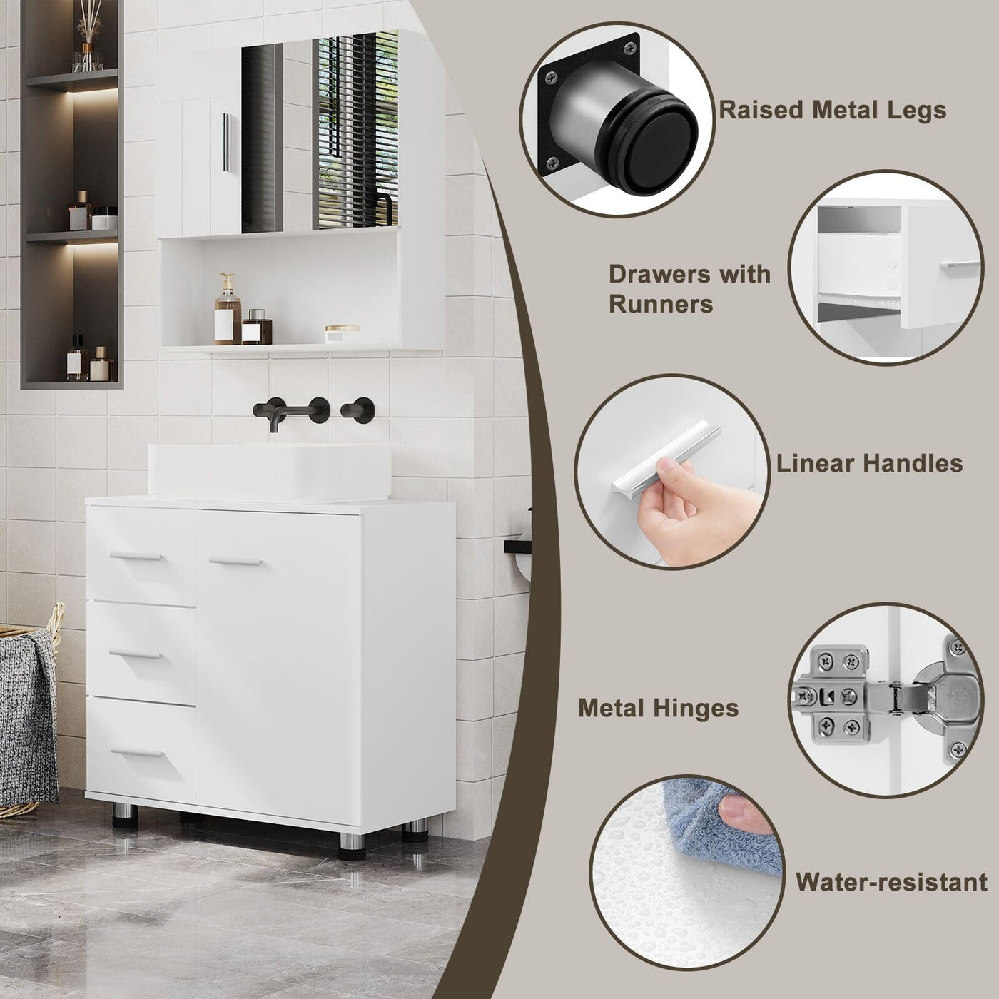 EUGAD Waschbeckenunterschrank, Badezimmerschrank mit 3 Schubladen, 2 Fächer hinter Tür, verstellbare Ablage, Badezimmer Unterschrank, Waschtischunterschrank weiß, 60x59,5x30 cm