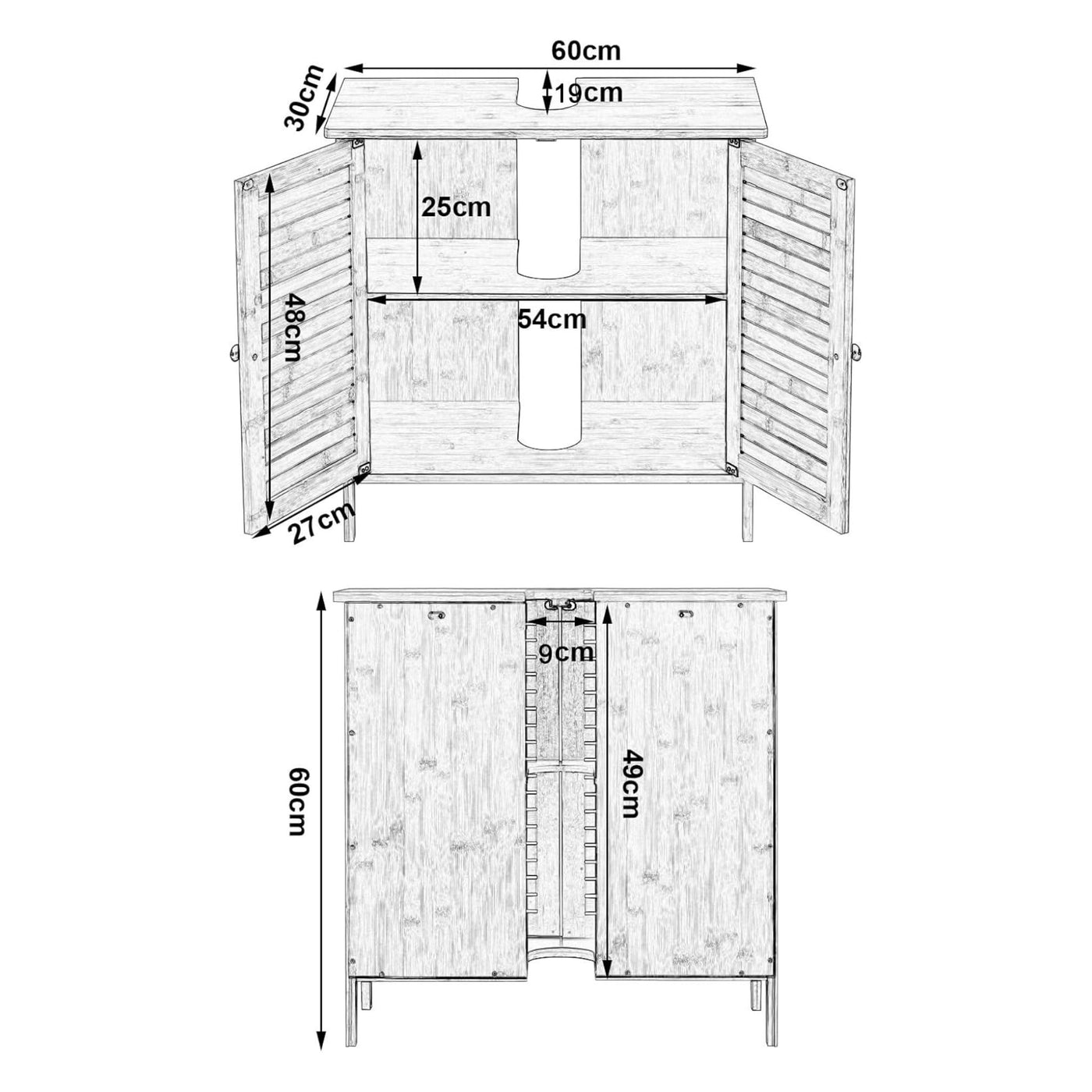 EUGAD Waschbeckenunterschrank, Badezimmer Unterschrank, aus natürlichem Material, Waschtischunterschrank, Badezimmerschrank mit 2 Lamellentüren 1 Verstellbarer Ablage, 60x60x30 cm