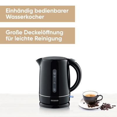 SEVERIN Wasserkocher 1,7 l, leistungsstarker und kompakter Wasserkocher in hochwertigem Design, elektrischer Wasserkocher mit Kalkfilter, schwarz, WK 4322