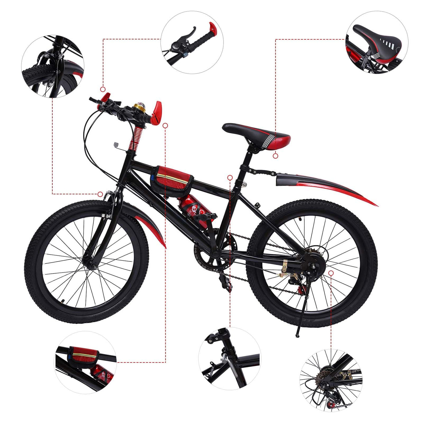 KigerNee 20 Zoll Mountainbike Feuerrot Carbonstahl-Rahmen - Kinderfahrrad ab 6 Jahre mit 7-Gang-Schaltung & Dual-V-Brake, 85kg Tragkraft Allwetter-Reifen Kinder Fahrrad für Jungen/Mädchen